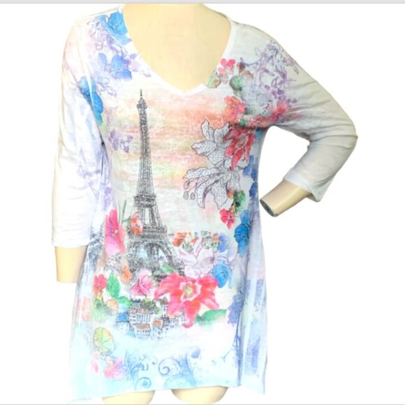 CACTUS Eiffel Tower Floral Embellished Tunic Top Sz M 95D - Picture 3 of 9